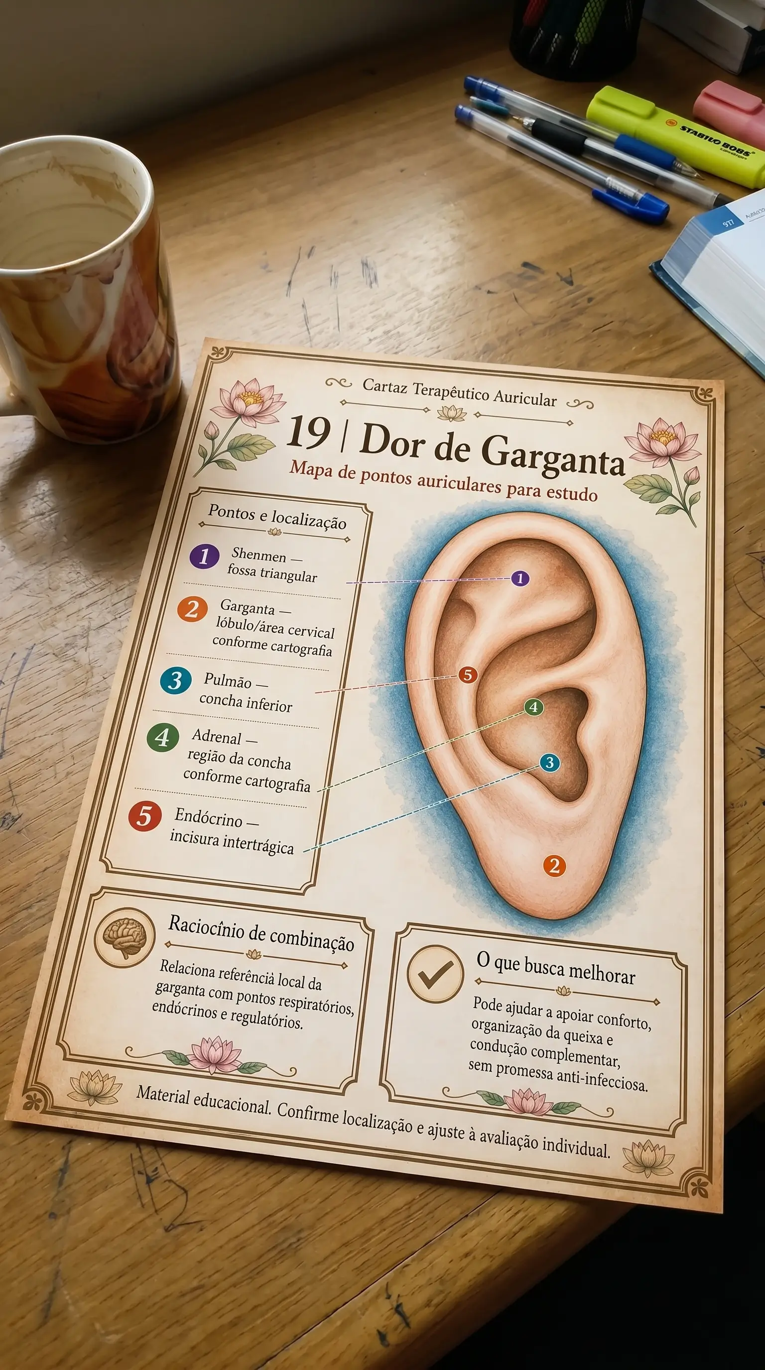 Cartaz terapêutico auricular impresso sobre dor de garganta