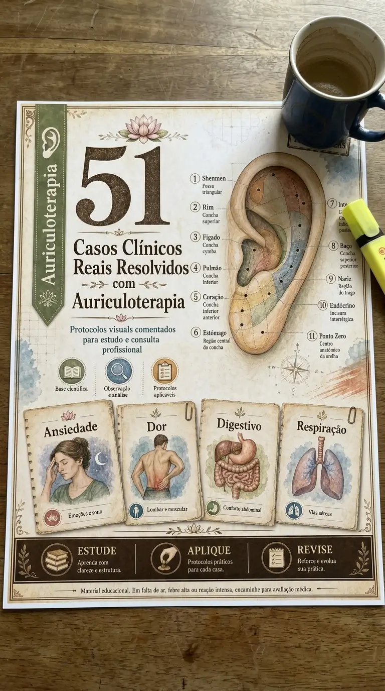 Material 51 casos clínicos de auriculoterapia sobre a mesa