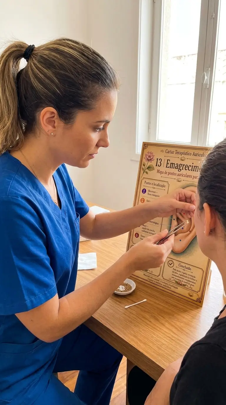 Atendimento de auriculoterapia com cartaz terapêutico de emagrecimento