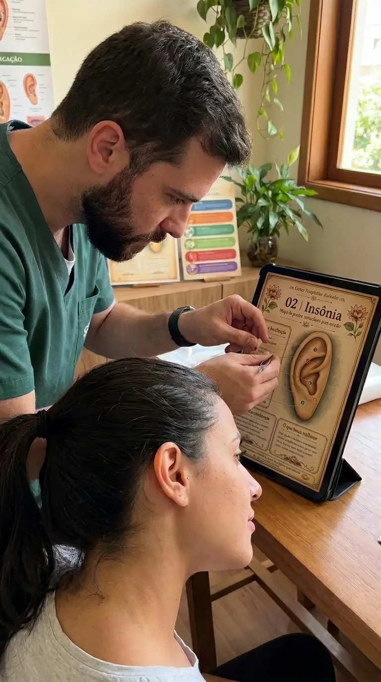 Atendimento com material de auriculoterapia em tablet